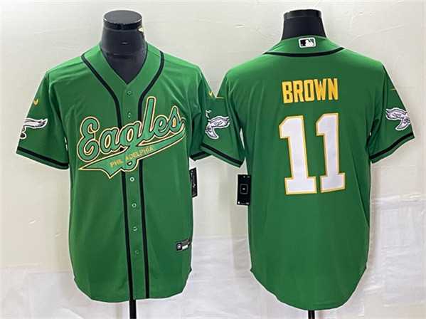 Mens Philadelphia Eagles #11 A. J. Brown Green Gold Cool Base Baseball Stitched Jersey
